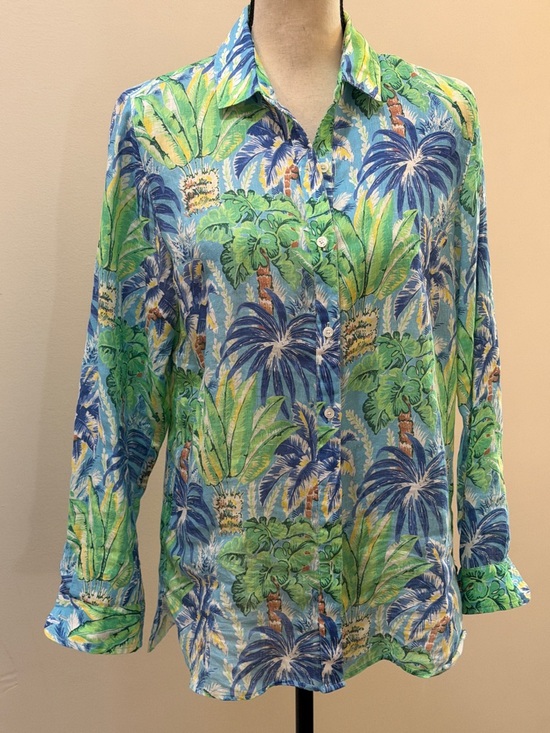J. McLaughlin Tops - J. McLaughlin Blue/Green Tropical Pattern Linen LS Blouse Sz S